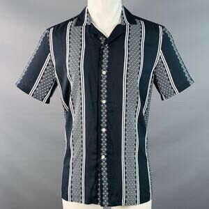 REISS Size M Yanis Navy White Diamonds Stripe Viscose Camp Short Sleeve Shirt
